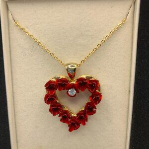 Vintage Heart Necklace with Roses and Gold Tone Chain